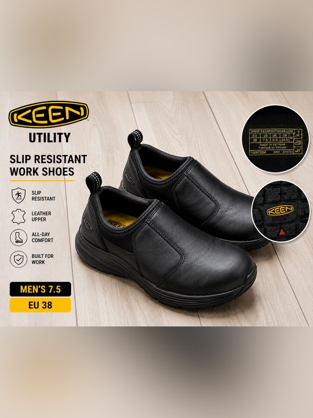 KEEN Utility PTC Slip On Work Shoes Men’s 7.5 Black Leather Non Slip Safety Shoe